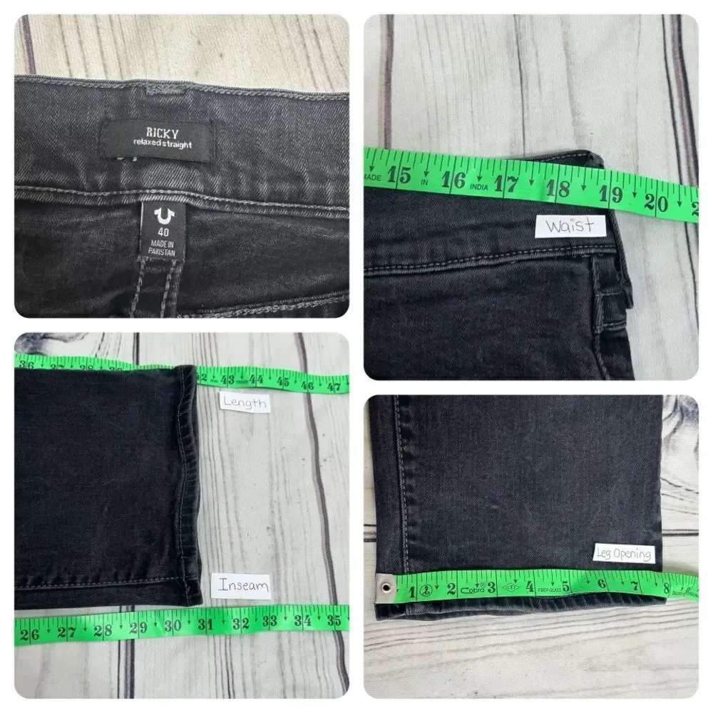 True Religion Black Denim Jeans Mens Sz 40 Ricky Relaxed Straight Flap‎ Pockets